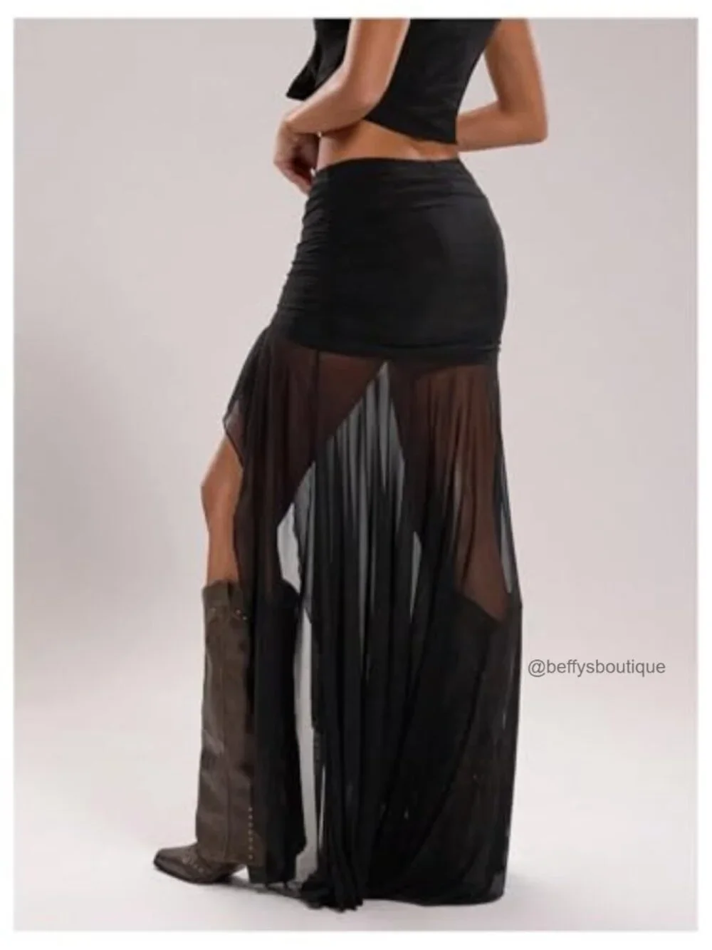 Sheer Mesh Pleated Asymmetrical Maxi Skirt High Slit Bodycon